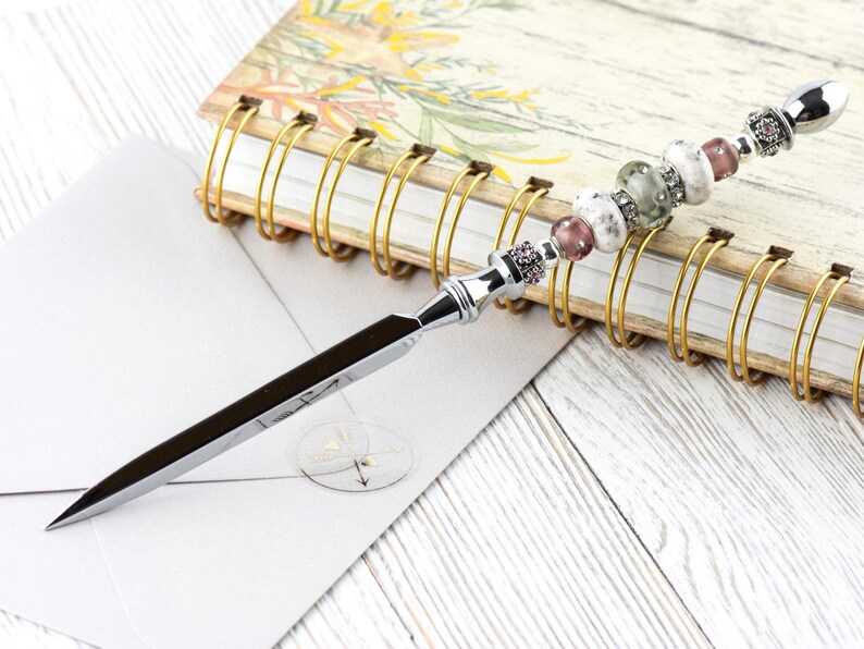 Purple Haze Glass Beaded Silver Letter Opener • Paper Knife • Desk Accessory image 2