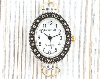 White Dial Marcasite Two-Tone Oval Watch Face • DIY Beading Watch • Jewelry Making • Analog • Loops and Battery Included