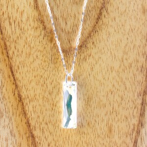 Pu&ograve; includere: Una collana con catena d'argento con un ciondolo rettangolare con una pietra verde e bianca.