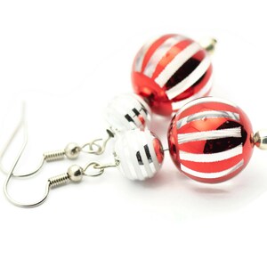 Striped Ornament, Red and Silver, Christmas Ornament, Glass Globe, Surgical Steel, Holiday Earrings, Christmas Earrings image 4
