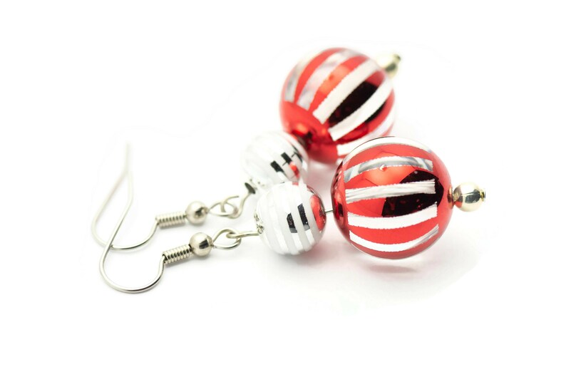 Striped Ornament, Red and Silver, Christmas Ornament, Glass Globe, Surgical Steel, Holiday Earrings, Christmas Earrings image 4