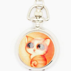 Porselein met kattenprint, kat zakhorlogeketting, kettinghorloge, horloge met lange ketting, horloge medaillonketting afbeelding 1