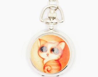 Kitty Print Porzellan, Katze Taschenuhr Halskette, Halskette Uhr, lange Halskette Uhr, Uhr Medaillon Halskette