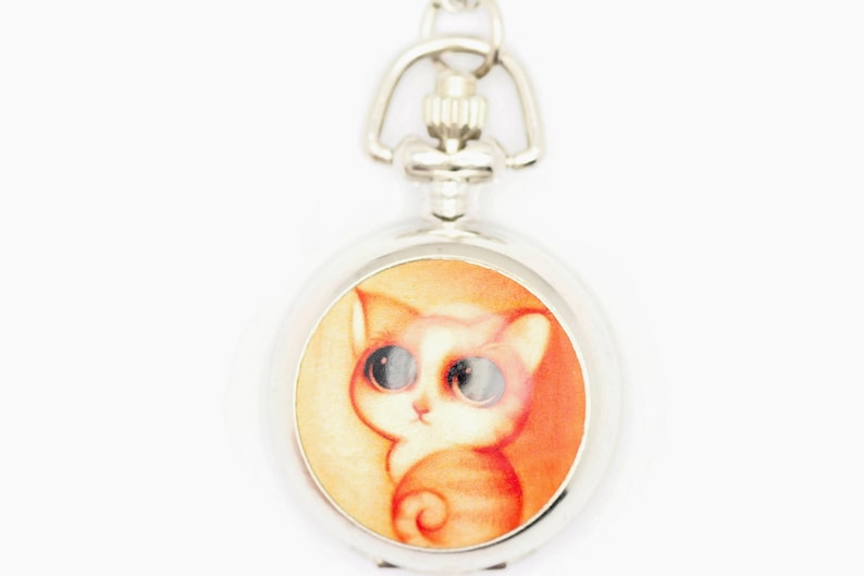 Porselein met kattenprint, kat zakhorlogeketting, kettinghorloge, horloge met lange ketting, horloge medaillonketting afbeelding 1