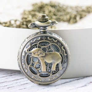 Elephant Bronze Pocket Watch Long Necklace / Unique Watches / Elephant Necklace
