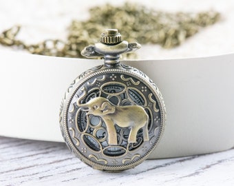 Elephant Bronze Pocket Watch Long Necklace / Unique Watches / Elephant Necklace