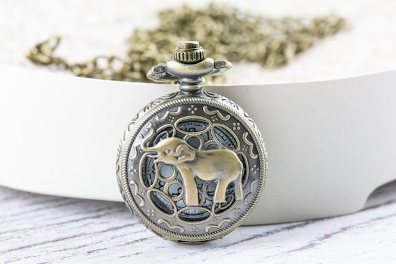 Elephant Bronze Pocket Watch Long Necklace / Unique Watches  display picture 2