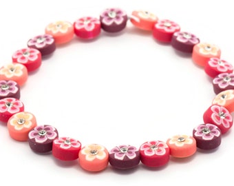 Pink Floral Polymer Clay Beaded Stretch Anklet • Rhinestone Sparkle Beach Jewelry