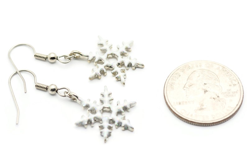 May include: A pair of silver snowflake earrings with a white enamel finish. The earrings are shown next to a US quarter for size comparison.