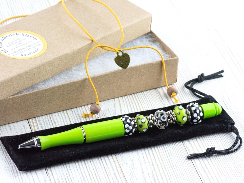 Lime Green Beaded Metal Ballpoint Pen with Lampwork Glass Beads image 8