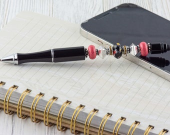 Midnight Rose Black Stylus Pen, Fancy Beaded Metal Ballpoint Pen, Coworker Gift Idea