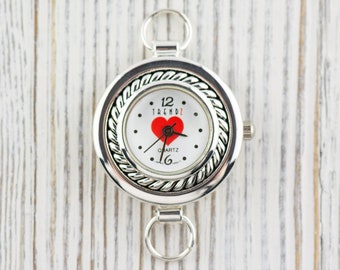 Red Heart Round Watch Face, Silver Watch Face, Women's Watch Face, Interchangeable Watch Face, Ladies Watch Face