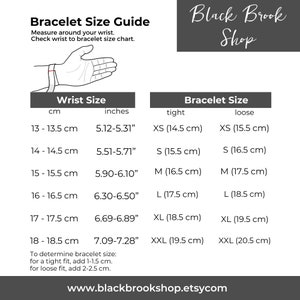 Black Brook Shop Bracelet Size Guide infographic with instructions to determine bracelet size: Measure around wrist to get your wrist length. For a tight fight, add approximately 1/2 inch and for a loose fit add approximately 1 inch
