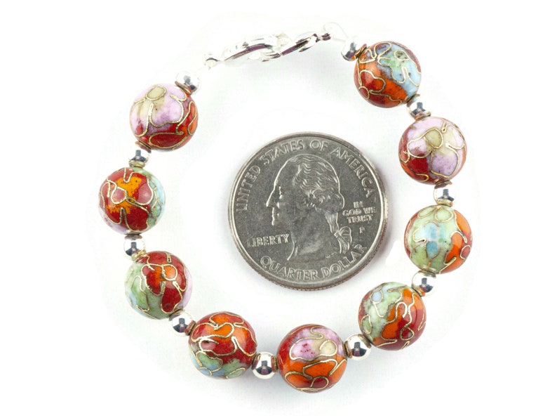 Cloisonné Runt Orange Mix Utbytbart Klockarmband med Stretchpärlor • Armband för Medicinsk ID • Enkelt sträng • Handgjorda smycken bild 2