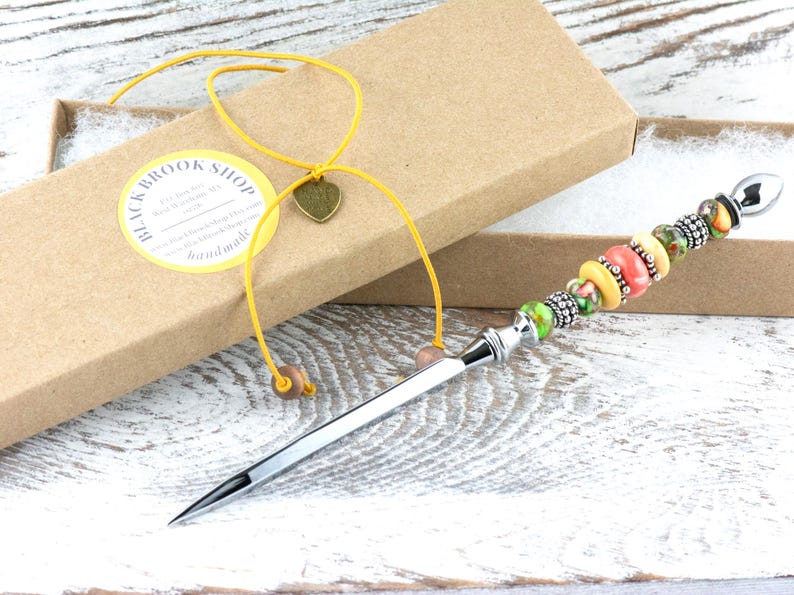 Moon Over Miami Glass Beaded Silver Letter Opener • Paper Knife • Desk Accessory image 6