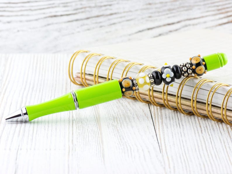 Desert Daisy Beaded Metal Ballpoint Pen with Lampwork Glass Beads • Refillable image 2