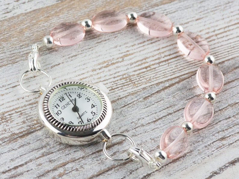 Pink Rose Interchangeable Stretch Beaded Watch Band • Medical ID Bracelet • Single Strand • Handmade Jewelry image 2