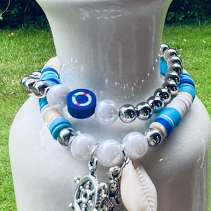 Nautical Charm Bracelet Stack: Shell, Heishi & Silver Bead - Coastal Jewelry