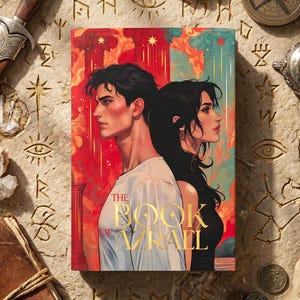 May include: A book titled "The Book of Vraill" featuring a male and female character on the cover, with a red and gold background. The image is surrounded by a dagger, compass, beads, and other fantasy-themed items.