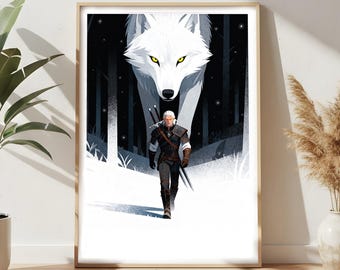 Impresión artística de El Lobo Blanco de Witcher: Póster de fantasía de Geralt (Descarga digital)