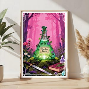 May include: A framed art print featuring a fantasy scene. A green potion bottle with the text "Maribor Forest" sits on moss, next to a sword and a book. The background shows a pink forest.