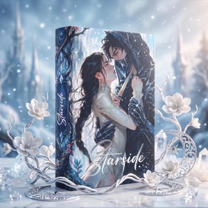 May include: A rectangular book titled Starside featuring an illustration of a person in a white outfit embracing a person in a black hooded cloak holding a dagger. The cover art includes blue and white tones with floral and celestial motifs.