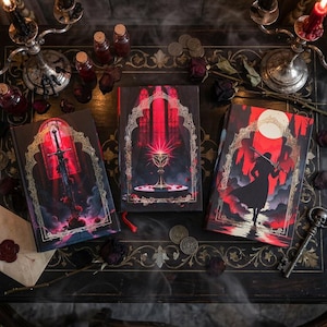 May include: Three gothic-themed journals with red and gold accents, featuring illustrations of a sword, chalice, and figure with a sword. The journals are arranged on a dark, ornate table with candles, coins, and vials.