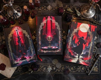 May include: Three gothic-themed journals with red and gold accents, featuring illustrations of a sword, chalice, and figure with a sword. The journals are arranged on a dark, ornate table with candles, coins, and vials.