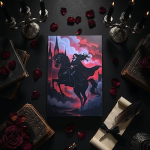 May include: An artistic print of a person on a black horse, set against a gothic cathedral and a dramatic red sky. The image is surrounded by antique books, candles, rose petals, and a quill on parchment, creating a gothic theme.