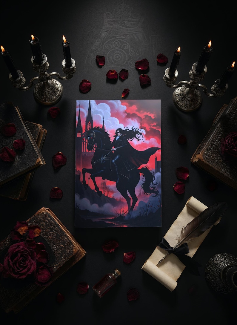 May include: An artistic print of a person on a black horse, set against a gothic cathedral and a dramatic red sky. The image is surrounded by antique books, candles, rose petals, and a quill on parchment, creating a gothic theme.