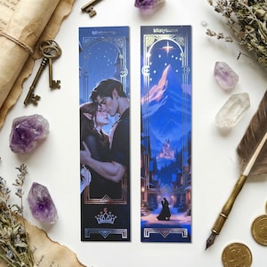 Marcapáginas de doble cara con lámina plateada inspirado en Feyre y Rhysand, Una corte de rosas y espinas.