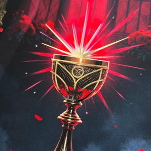 May include: An ornate golden chalice with intricate detailing, radiating a bright red light. The chalice is set against a dark background with red rose petals scattered around. The image evokes a sense of fantasy and mystery.