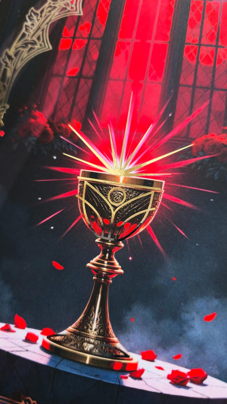 May include: An ornate golden chalice with intricate detailing, radiating a bright red light. The chalice is set against a dark background with red rose petals scattered around. The image evokes a sense of fantasy and mystery.