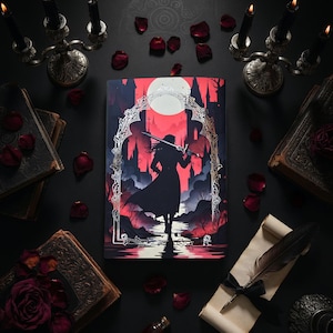 May include: A fantasy-themed journal with a silhouette of a figure holding a sword, set against a red and black castle backdrop. The image is surrounded by candles, books, rose petals, and a quill on parchment, creating a gothic aesthetic.