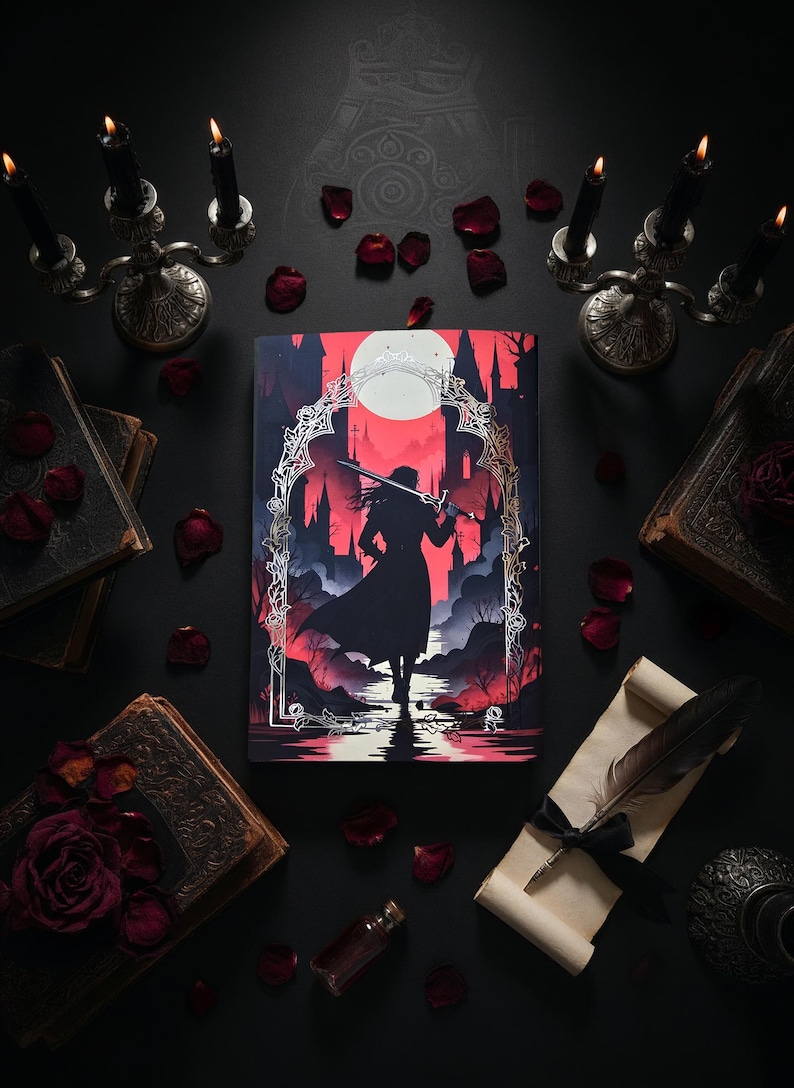 May include: A fantasy-themed journal with a silhouette of a figure holding a sword, set against a red and black castle backdrop. The image is surrounded by candles, books, rose petals, and a quill on parchment, creating a gothic aesthetic.