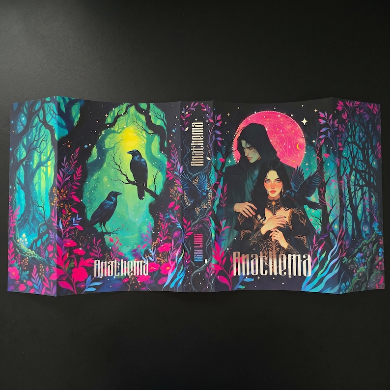 May include: A book cover with the title "Anathema" features a fantasy illustration. The artwork depicts a forest scene with ravens, a couple, and a pink moon. The color palette includes shades of blue, pink, and green.