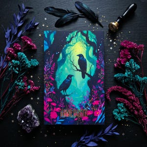 May include: A fantasy art print featuring two black ravens perched on a tree branch in a colorful forest. The print has a vibrant color palette of teal, pink, and purple. The words "what dreams" are printed at the bottom. The image is surrounded by decorative elements.