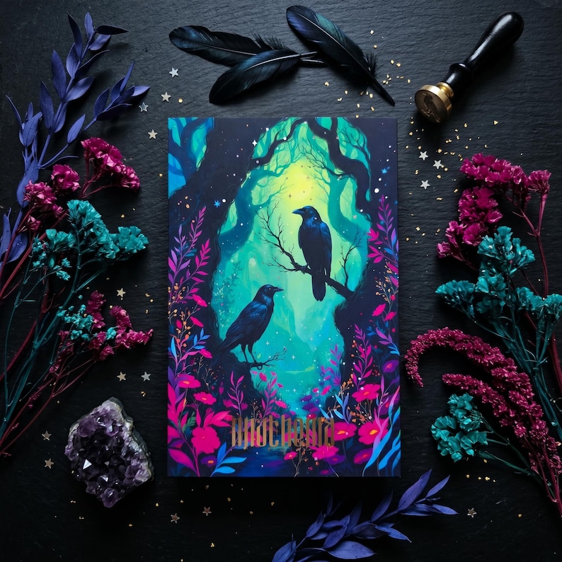 May include: A fantasy art print featuring two black ravens perched on a tree branch in a colorful forest. The print has a vibrant color palette of teal, pink, and purple. The words "what dreams" are printed at the bottom. The image is surrounded by decorative elements.