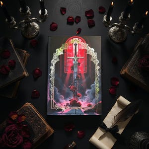 May include: A fantasy-themed book cover featuring a sword and roses against a red backdrop. The image is surrounded by candles, old books, rose petals, and a quill on parchment, all set against a dark background.