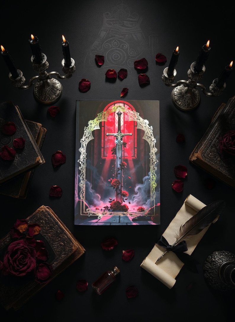 May include: A fantasy-themed book cover featuring a sword and roses against a red backdrop. The image is surrounded by candles, old books, rose petals, and a quill on parchment, all set against a dark background.