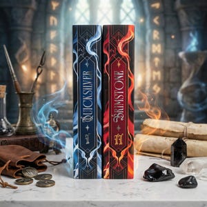 May include: Two hardcover books, "Quicksilver" and "Brimstone", stand side-by-side. "Quicksilver" has a blue cover with silver accents, while "Brimstone" is red with gold details. The background features scrolls, crystals, and a mystical ambiance.