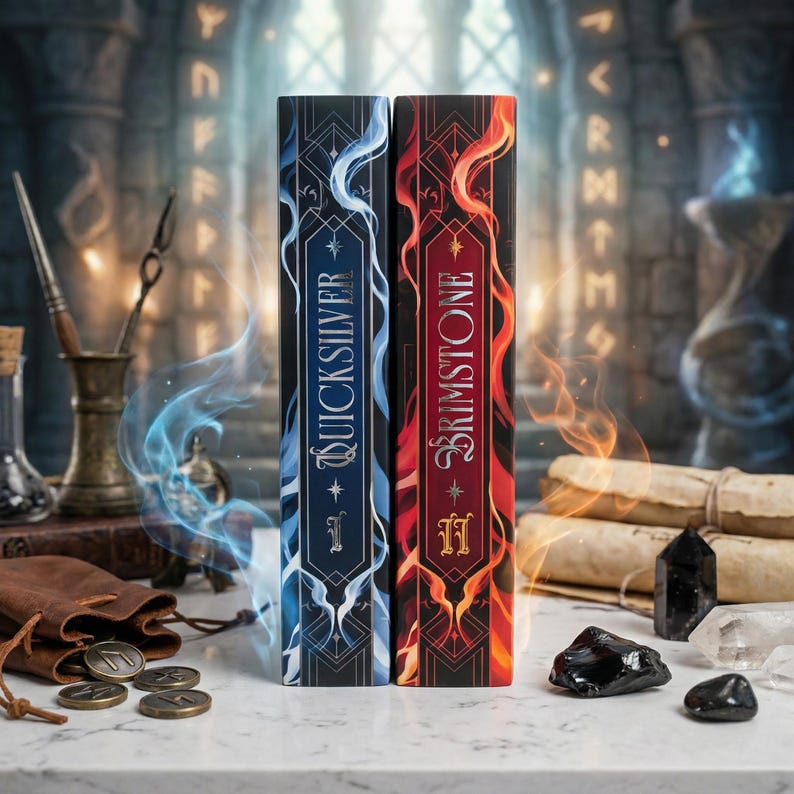 May include: Two hardcover books, "Quicksilver" and "Brimstone", stand side-by-side. "Quicksilver" has a blue cover with silver accents, while "Brimstone" is red with gold details. The background features scrolls, crystals, and a mystical ambiance.