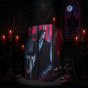May include: Two bookends with a gothic vampire illustration. The bookends feature a dark color palette with red accents, a portrait of a man holding a sword, and the number "33". The scene is set in a dimly lit room with candles and a stained-glass window.