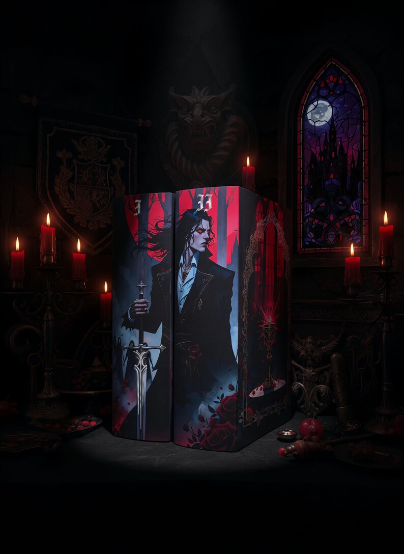 May include: Two bookends with a gothic vampire illustration. The bookends feature a dark color palette with red accents, a portrait of a man holding a sword, and the number "33". The scene is set in a dimly lit room with candles and a stained-glass window.
