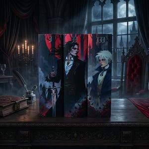 May include: A triptych featuring illustrations of two figures in a gothic setting. The artwork depicts a man in a black coat holding a sword and another in a blue coat. The background includes a castle, roses, and a red sky.