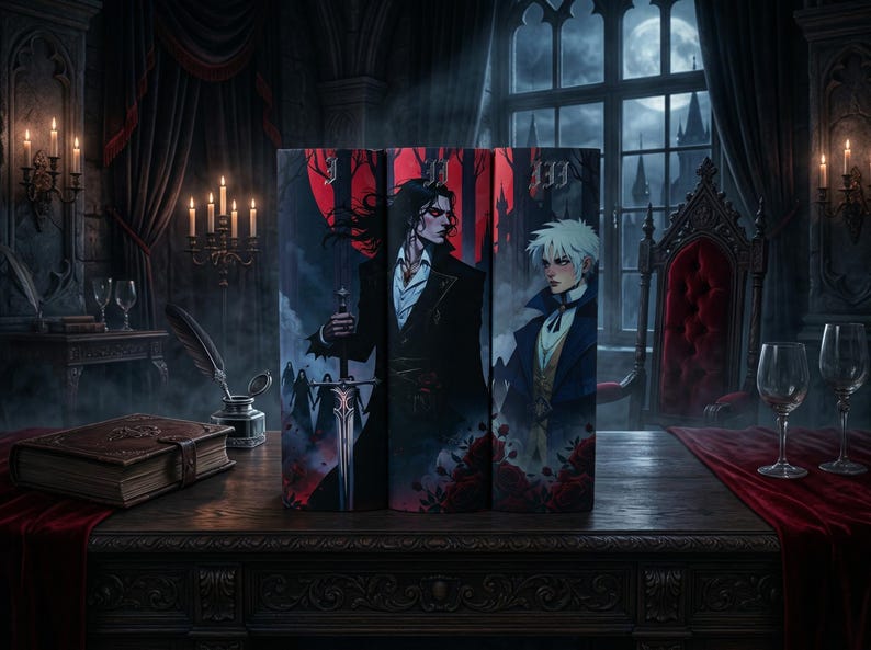 May include: A triptych featuring illustrations of two figures in a gothic setting. The artwork depicts a man in a black coat holding a sword and another in a blue coat. The background includes a castle, roses, and a red sky.