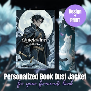 Pode incluir: Uma sobrecapa de livro personalizada com uma ilustração de fantasia. A capa frontal mostra um personagem com uma espada, o título "Quicksilver" e o nome do autor. A lateral mostra uma raposa branca com uma borboleta. O texto "Design + Print" também é visível.