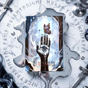 May include: A fantasy-themed art print featuring a hand reaching towards a butterfly. The hand is black and silver, with the word "QUICKSILVER" at the base. The background is a mix of blue and white with star accents. The print is surrounded by silver liquid and runes.