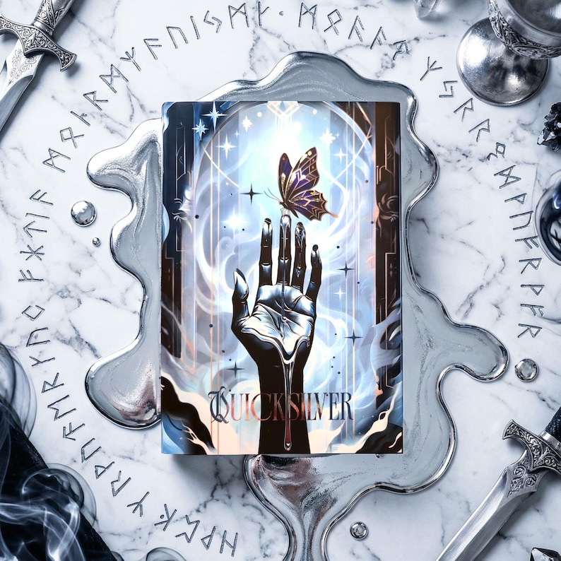 May include: A fantasy-themed art print featuring a hand reaching towards a butterfly. The hand is black and silver, with the word "QUICKSILVER" at the base. The background is a mix of blue and white with star accents. The print is surrounded by silver liquid and runes.