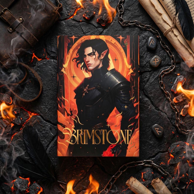 May include: A hardcover book titled "Brimstone" featuring a fantasy illustration of a dark-haired figure in black armor against a fiery orange background. The book is surrounded by flames, a leather satchel, and ancient runes.